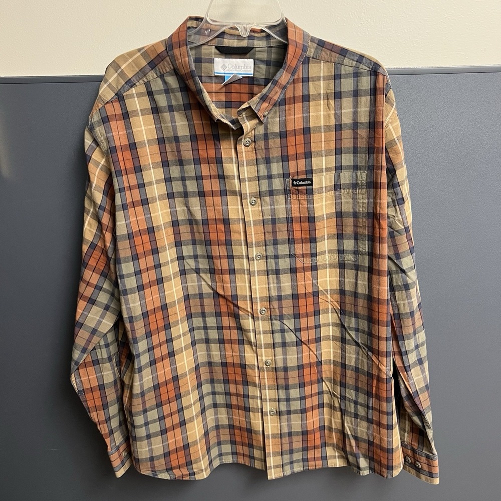 Columbia Long Sleeved Orange‎ Brown Blue Plaid Button Up Shirt Men's XXL Outdoor